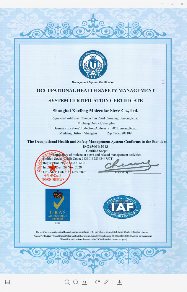 Trung Quốc Shanghai Snowpeak Molecular Sieves Co. Ltd Chứng chỉ